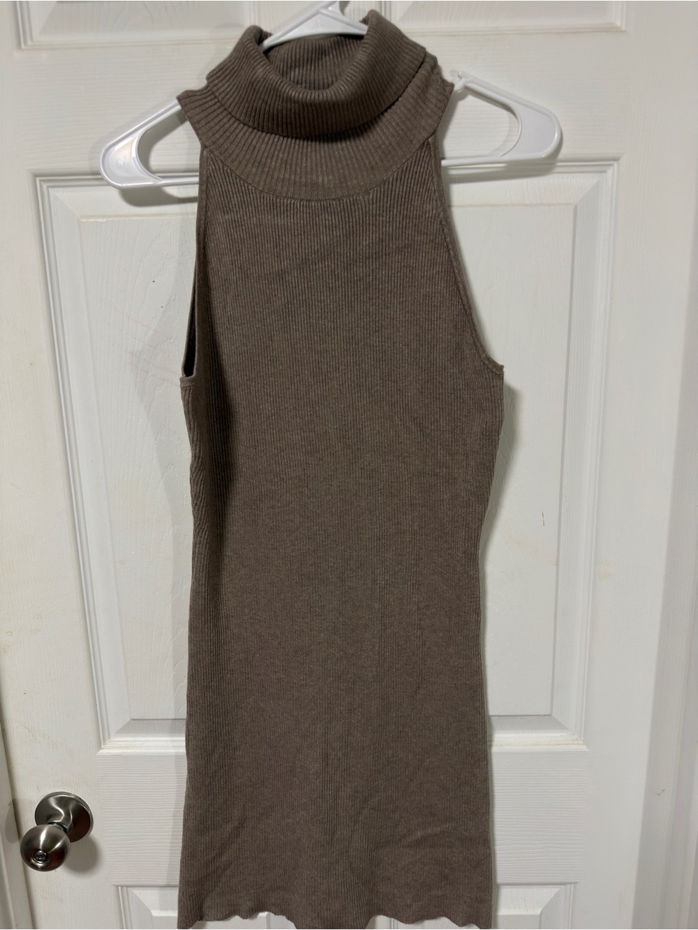 Le Lis Ribbed Sleeveless Turtleneck Bodycon Dress in Taupe